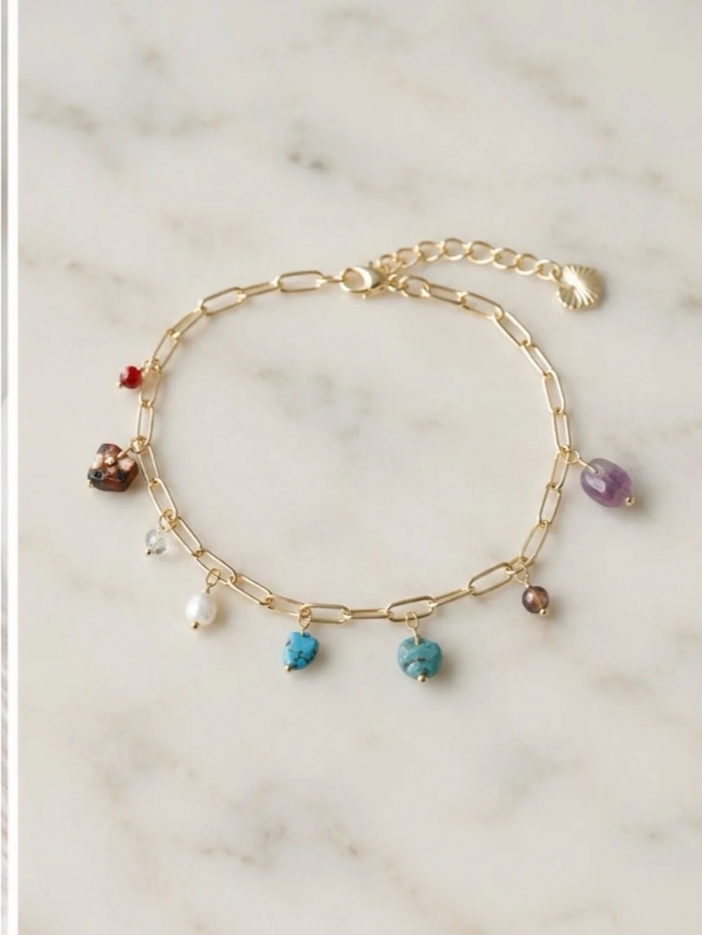 Gold Multi-Stone Charm Bracelet - Elegant Women's Jewelry. Natural Stones!